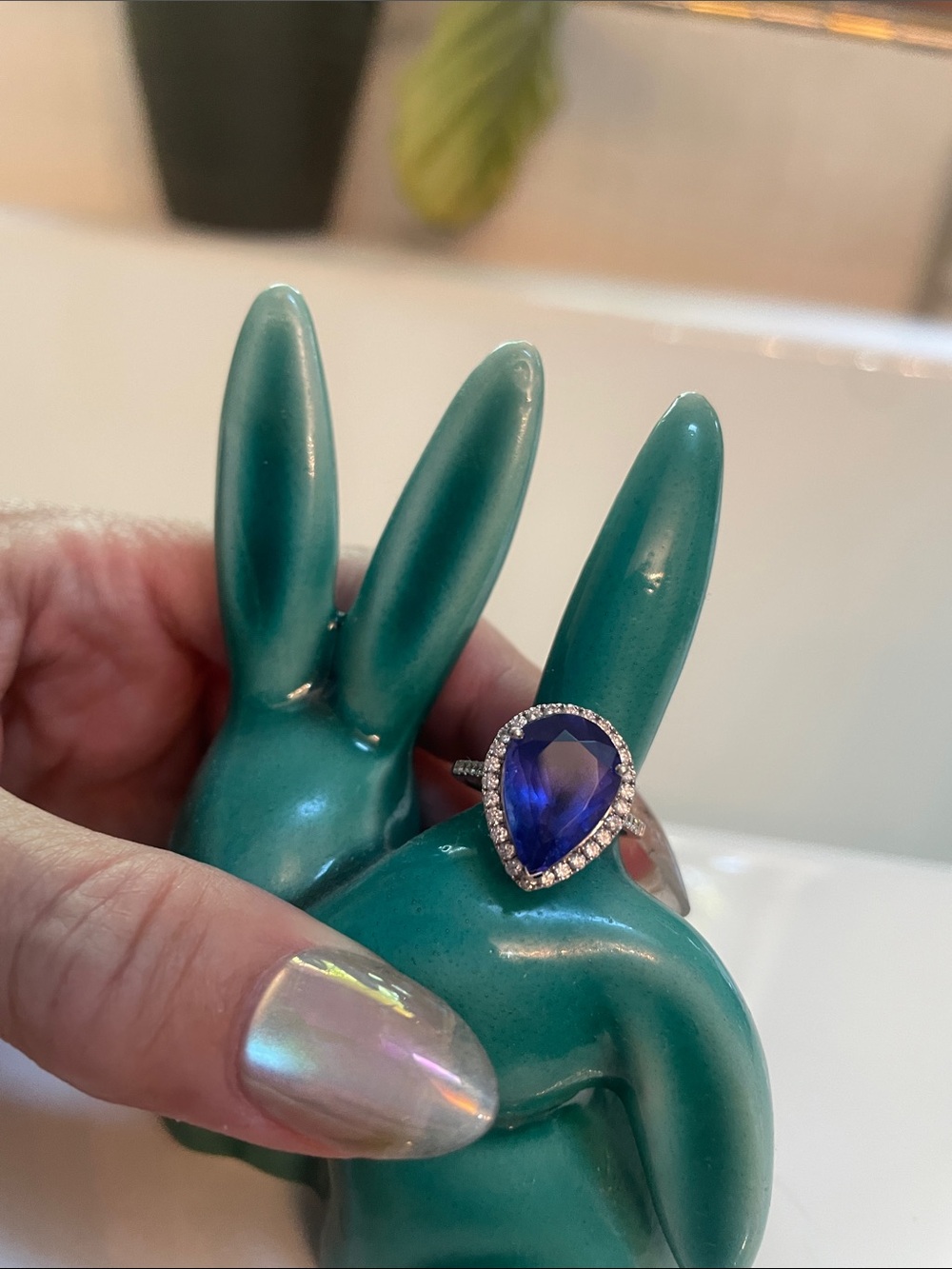 Teardrop Blue Crystal Halo Ring - Women Jewelry